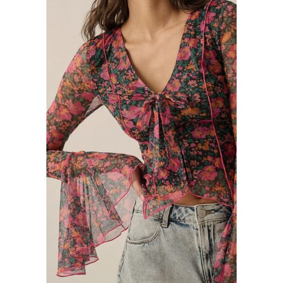 Promesa Fabulous Flowers Floral-Print Mesh Bell-Sleeve Top Sheer V-Neck Tie-Fron - Picture 3 of 16